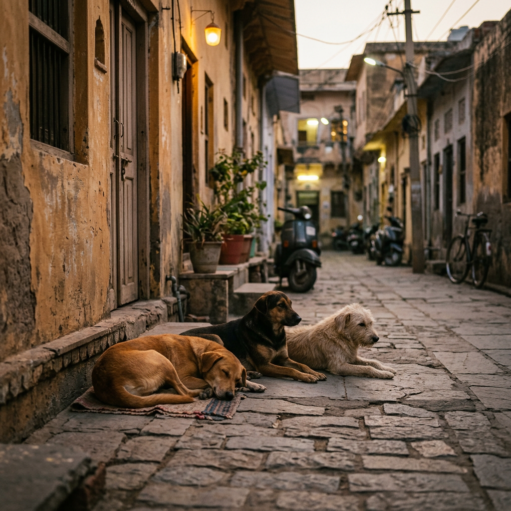 Three dogs lying on a cobblestone street in front of weathered buildings with plants and motorbikes nearby